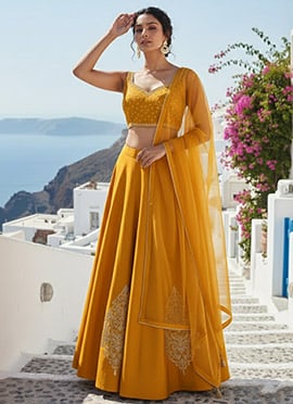 Mustard Silk Zari Hand Embroidered Stones Sequins Lehenga