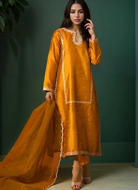 Mustard Silk Zari Hand Embroidered Straight Pant Suit