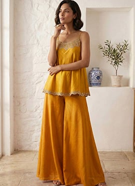Mustard Silk Zari Sequins Hand Embroidered Indowestern Palazzo Set