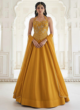 Mustard Silk Zari Sequins Umbrella Lehenga