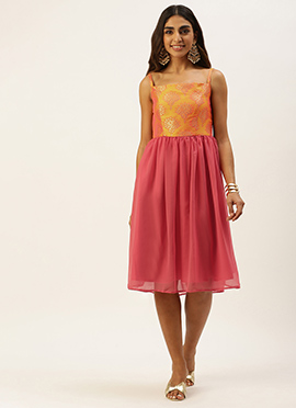 Mustard Taffeta Jacquard N Pink Dress