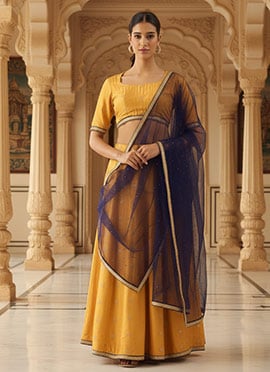 Teen Girls Mustard Upada Silk Lehenga Set