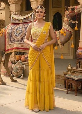 Mustard Yellow Georgette Hand Embroidered Sequins With Beads Work Pre Draped Sharara Saree