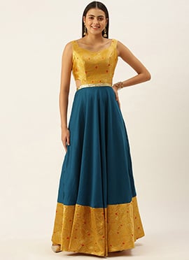 Mustard Yellow N Blue Art Silk Pentagon Neck Gown