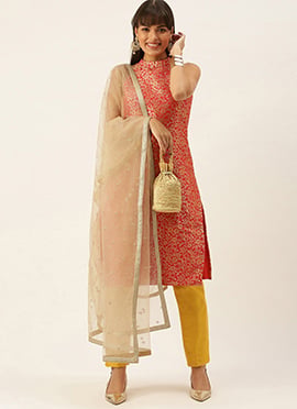 Mustard Yellow N Pink Straight Pant Suit With Dupatta