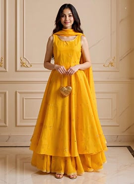 Mustard Yellow Silk Hand Embroidered Sequins Sharara Suit