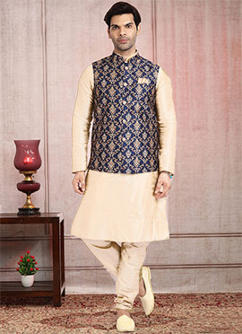 Navy Blue Art Benarasi Silk Printed Bandi Set