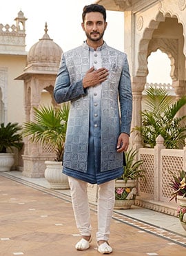 Navy Blue Art Silk Embroidered Indowestern Sherwani