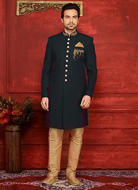 Blackish Blue Art Silk Indowestern Sherwani