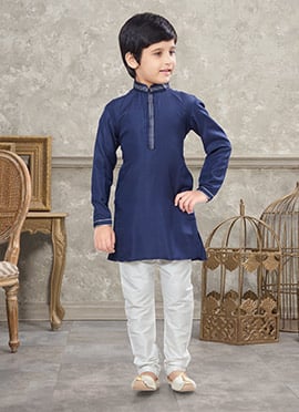 Navy Blue Art Silk Kids Boys Kurta Pyjama