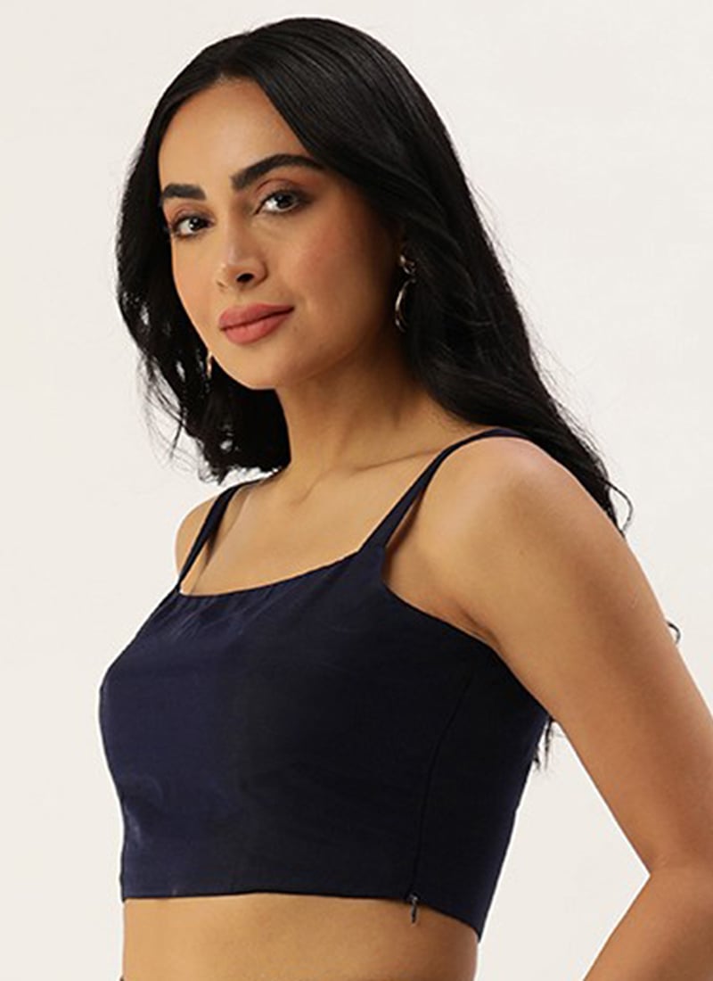 Navy Blue Art Silk Strap Neck Blouse Festive Wear