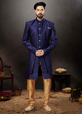 Navy Blue Art Silk Thread Work Indowestern Sherwani