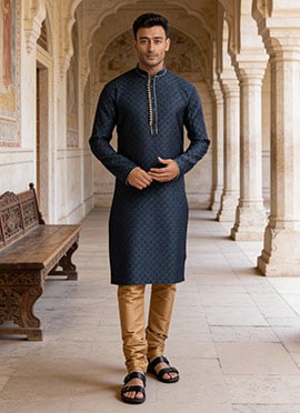 Navy Blue Banarasi Jacquard Silk Kurta Pyjama