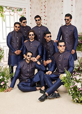 Navy Blue Banarasi Silk Embroidered Bandi Set Wedding Wear