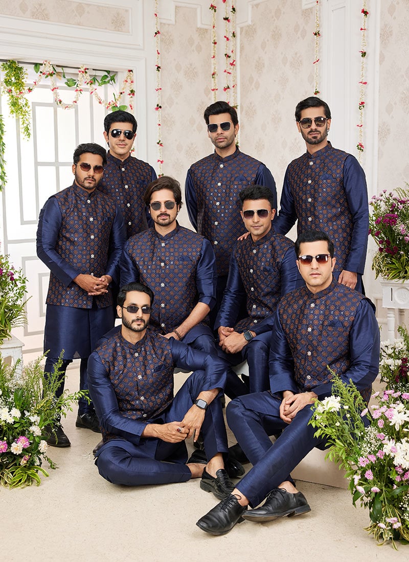 Navy Blue Banarasi Silk Embroidered Bandi Set Wedding Wear