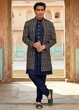 Navy Blue Banarasi Silk Zari Embroidered Indowestern Sherwani