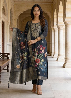 Navy Blue Chanderi Cotton Jacquard Digital Print Straight Pant Suit