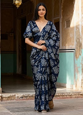 Navy Blue Chinon Digital Print Pre Draped Saree