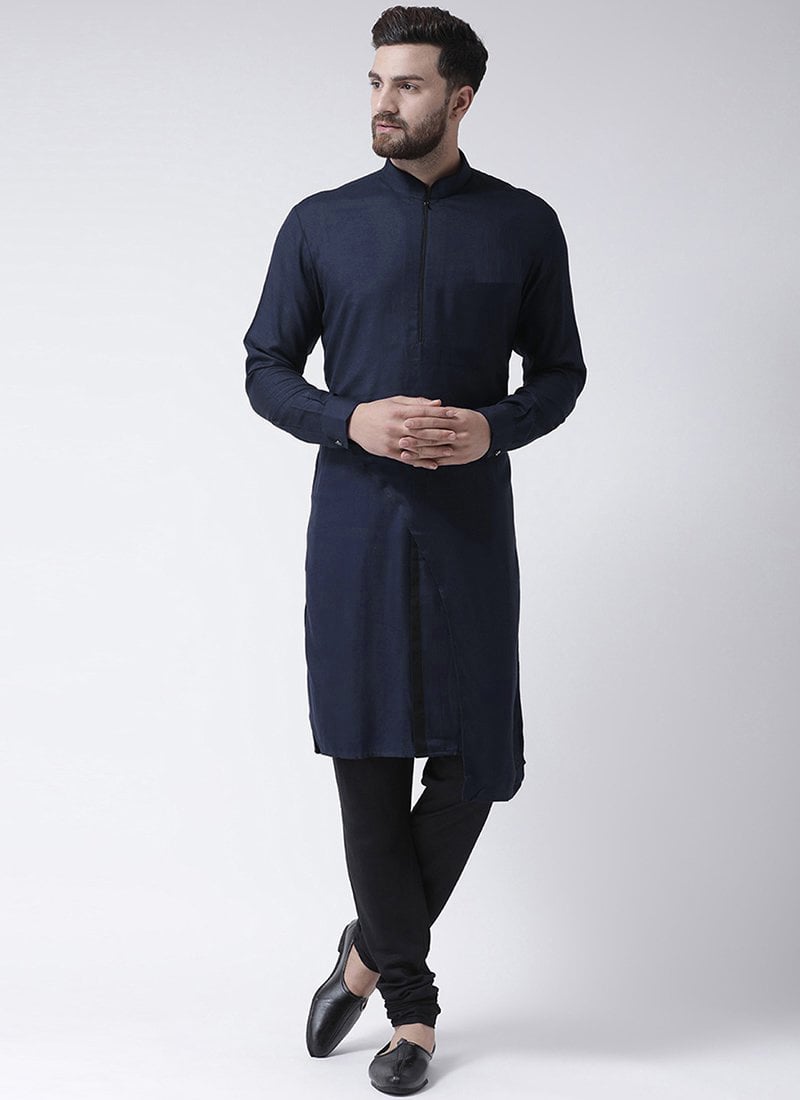Navy Blue Cotton Kurta Pyjama Party Wear