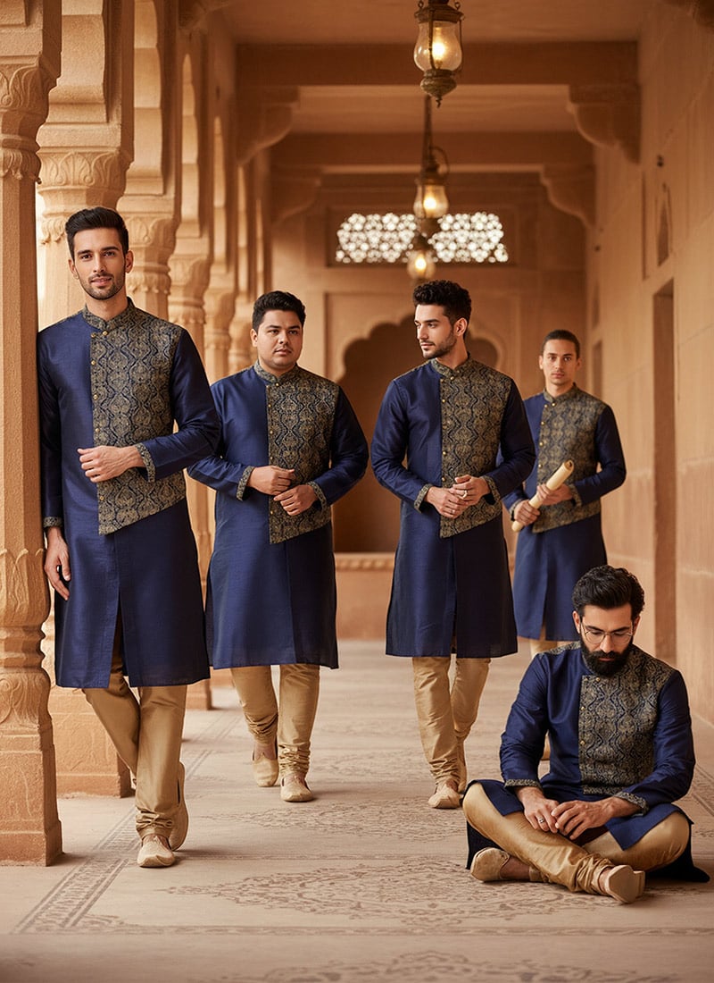 Navy Blue Dupion Silk Embroidered Kurta Pyjama