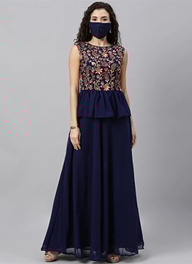 Navy Blue Embroidered Peplum Gown