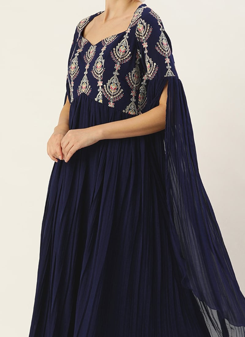 Pleated & Embroidered Gown