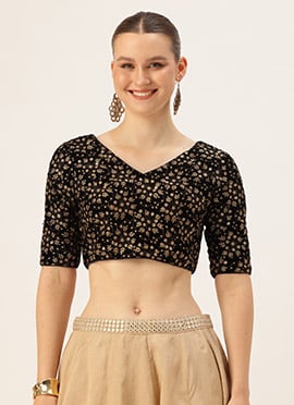 Navy Blue Embroidered Velvet Blouse