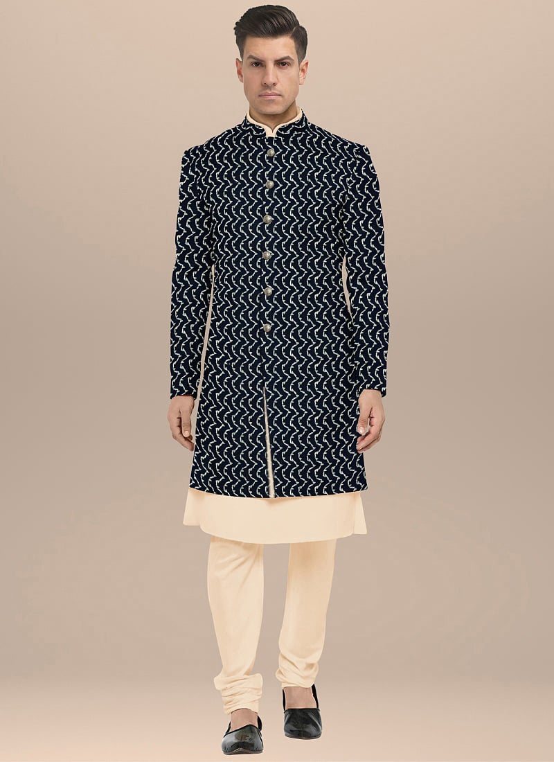 Navy Blue Embroidered Velvet Sherwani N Churidar Set Wedding Wear