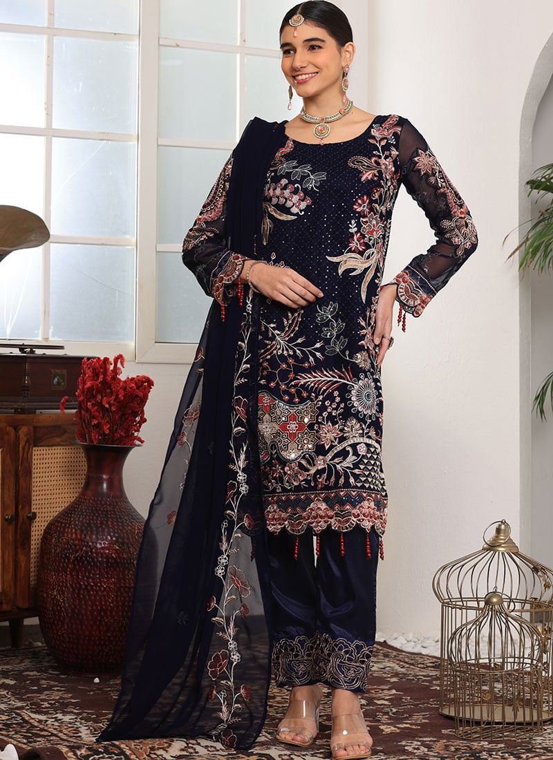 Navy Blue Faux Georgette Embroidered Pakistani Suit