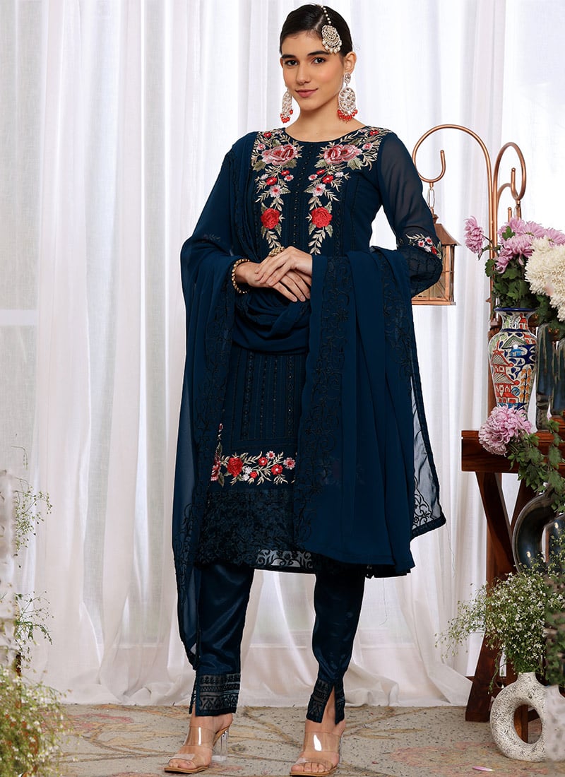 Navy Blue Faux Georgette Embroidered Pakistani Suit Party Wear