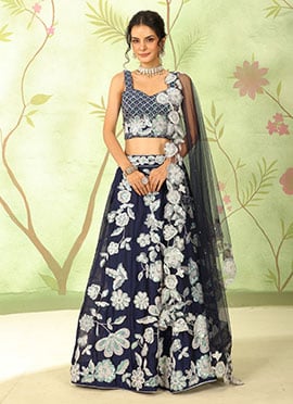 Navy Blue Faux Georgette Embroidered Sequins Lehenga