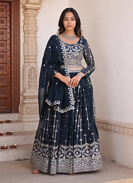 Navy Blue Faux Georgette Embroidered Sequins Regal Classy Lehenga