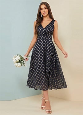 Navy Blue Faux Georgette Sleeveless Dress