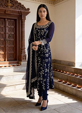 Navy Blue Faux Georgette Zari Embroidered Sequins Anarkali Suit