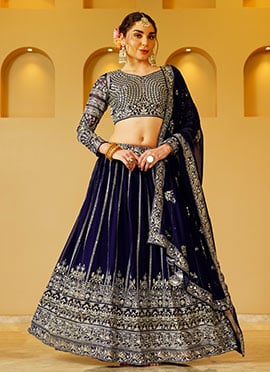 Navy Blue Faux Georgette Zari Embroidered Sequins Lehenga