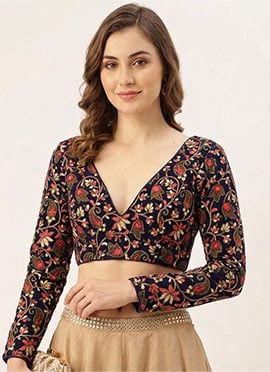 Navy Blue Floral Net Stretchable Blouse