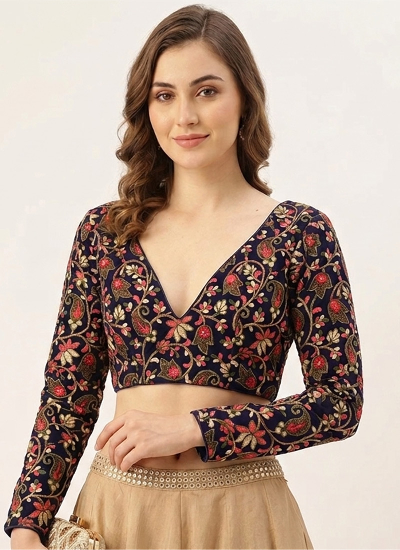 Navy Blue Floral Net Stretchable Blouse Festive Wear