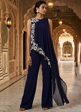 Navy Blue Georgette Beads Work Indowestern Palazzo Set
