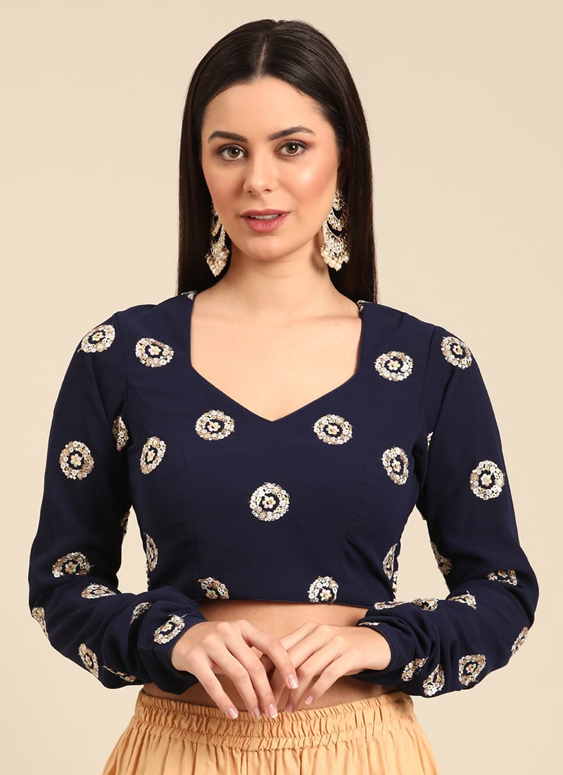 Navy Blue Georgette Embroidered Blouse Festive Wear