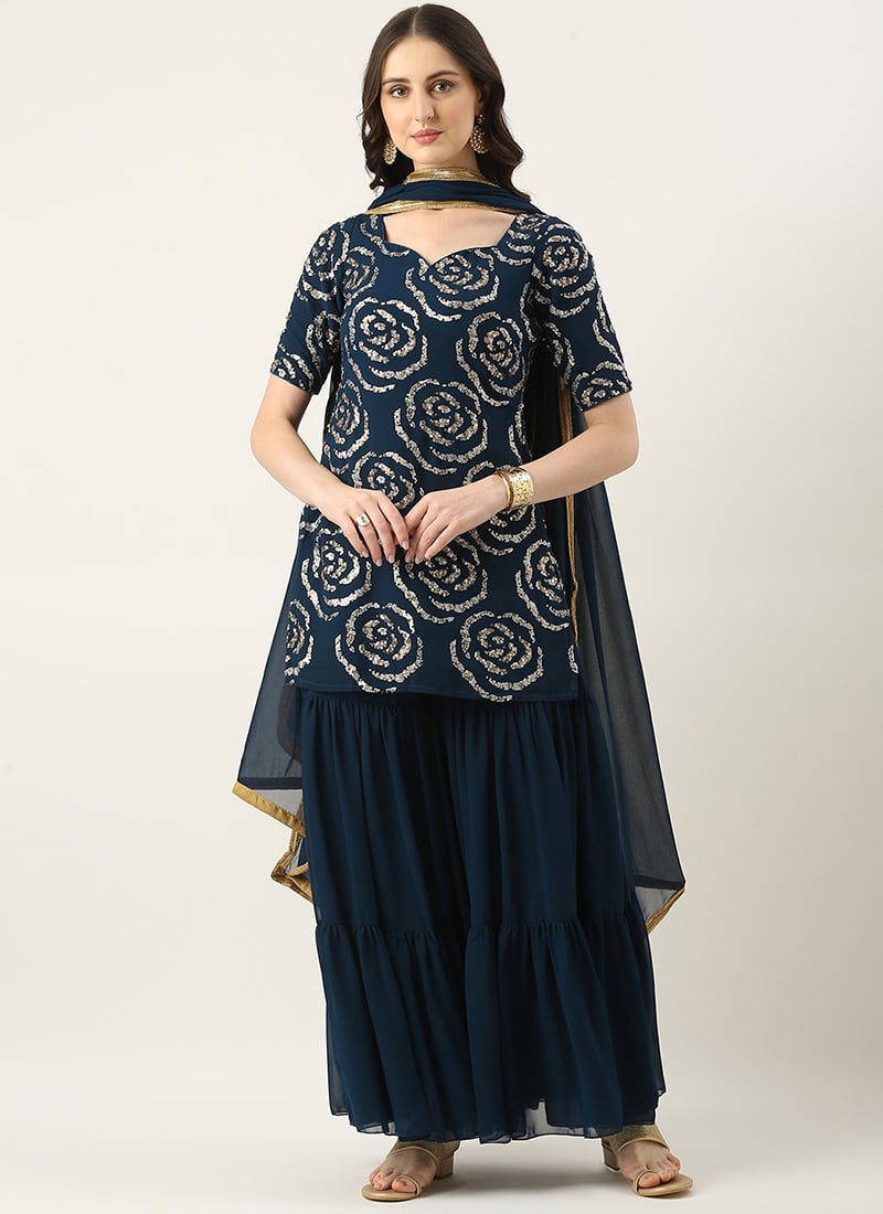 Teen Girls Navy Blue Georgette Embroidered Gharara Suit