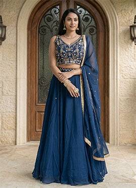 Navy Blue Georgette Embroidered Sequins Lehenga