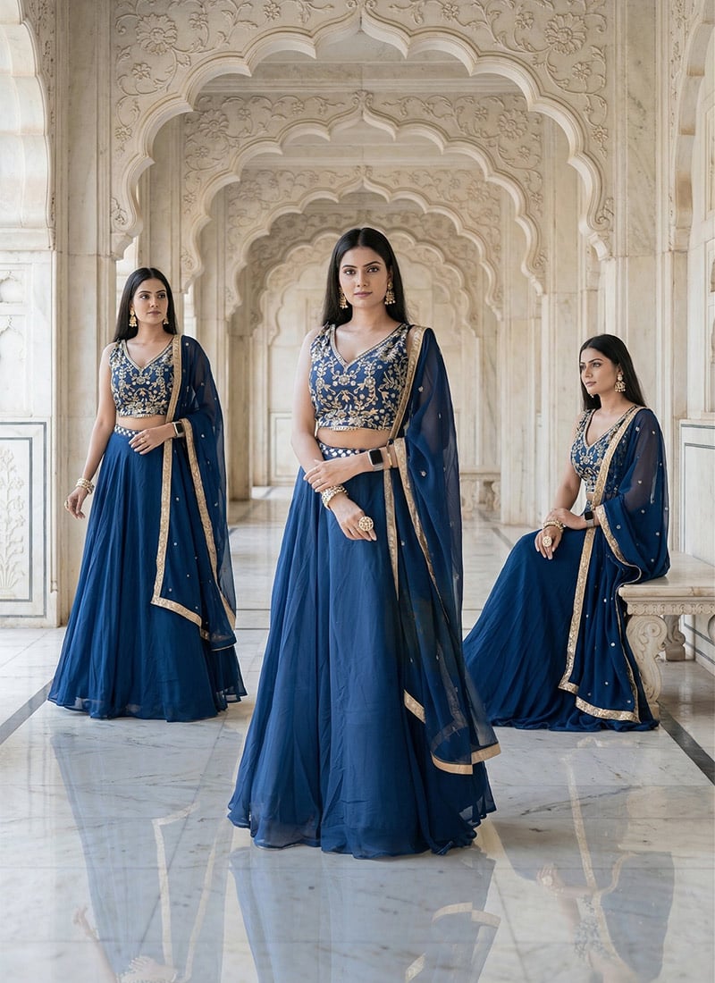 Navy Blue Georgette Embroidered Sequins Lehenga Wedding Wear