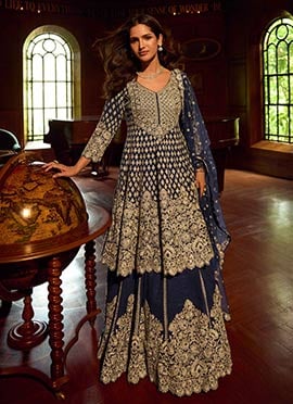 Navy Blue Georgette Embroidered Sequins Stones Beads Mirror Work A Line Lehenga