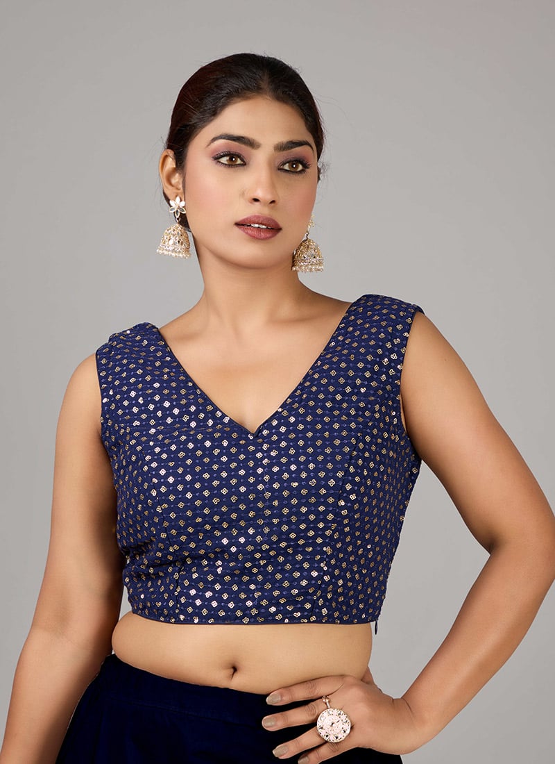 Navy Blue Georgette Embroidered V Neck Blouse Festive Wear