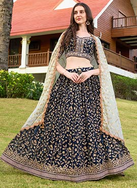 Navy Blue Georgette Golden Embroidered Sequins Lehenga Choli Wedding Wear