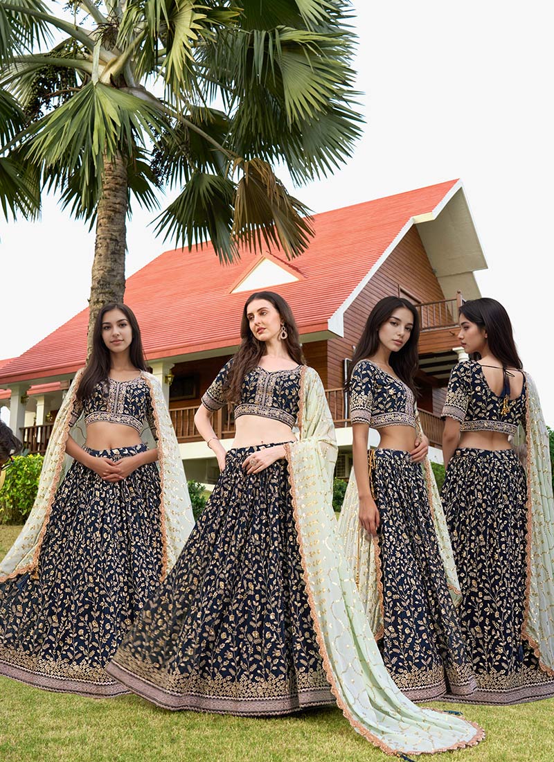 Navy Blue Georgette Golden Embroidered Sequins Lehenga Choli Wedding Wear Wedding Wear
