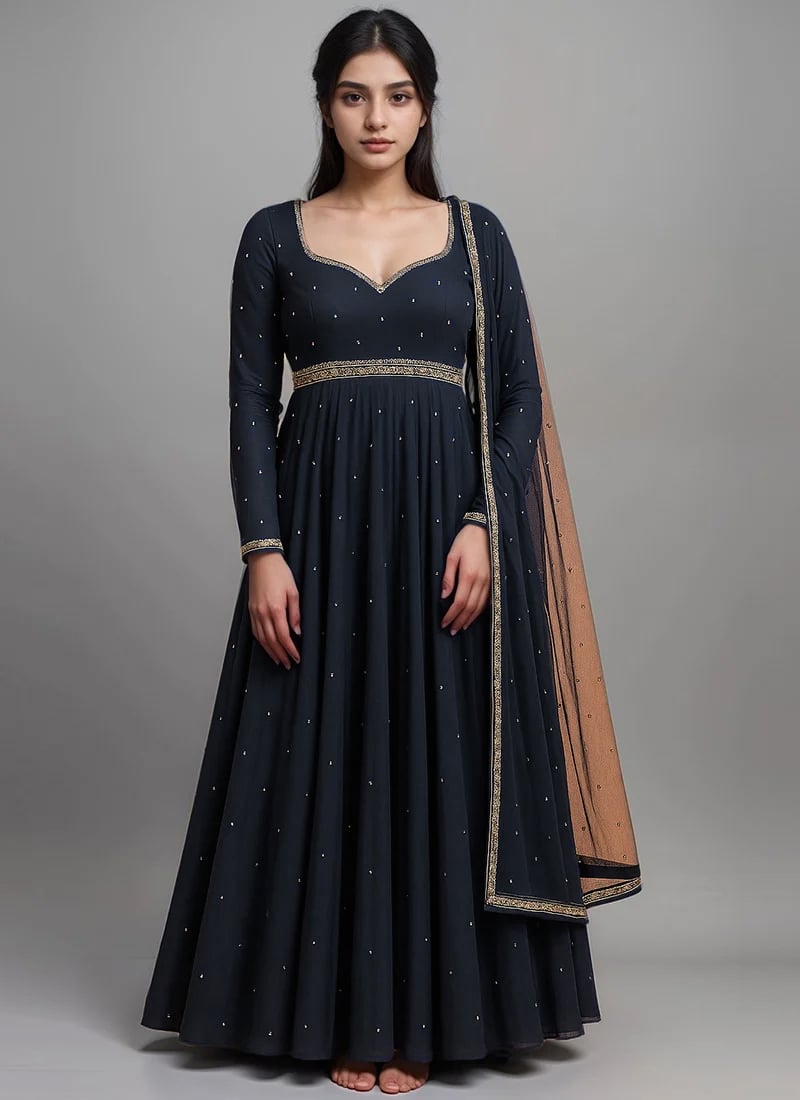 Navy Blue Georgette Sequins And Zardosi Cutdana Hand Embroidered Anarkali Suit Festive Wear