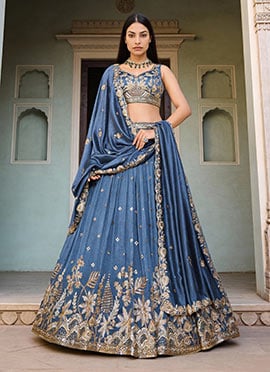 Navy Blue Georgette Sequins Embroidered Cut Work Zari Lehenga Set Wedding Wear