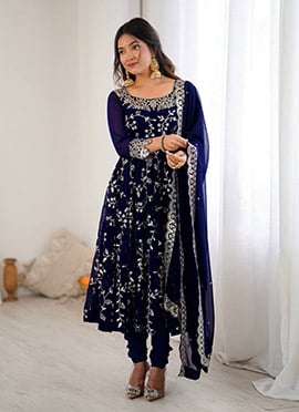 Navy Blue Georgette Zari Embroidered Sequins Anarkali Suit