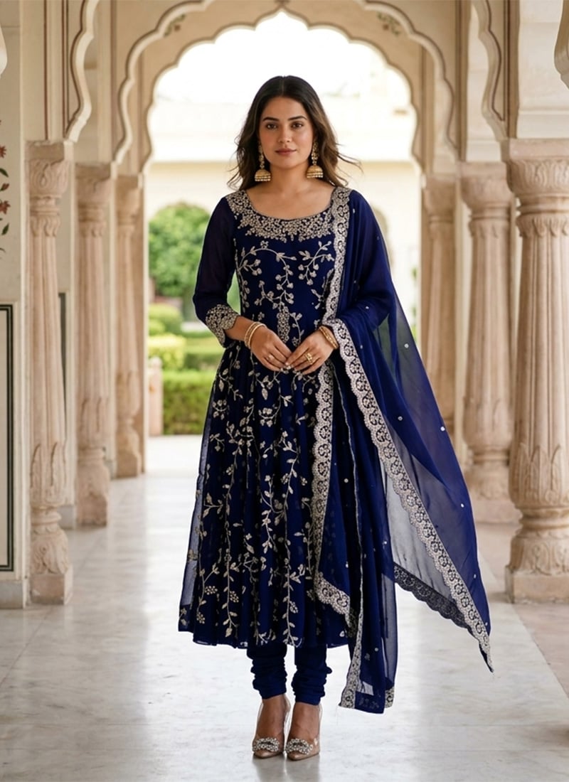 Navy Blue Georgette Zari Embroidered Sequins Anarkali Suit Festive Wear